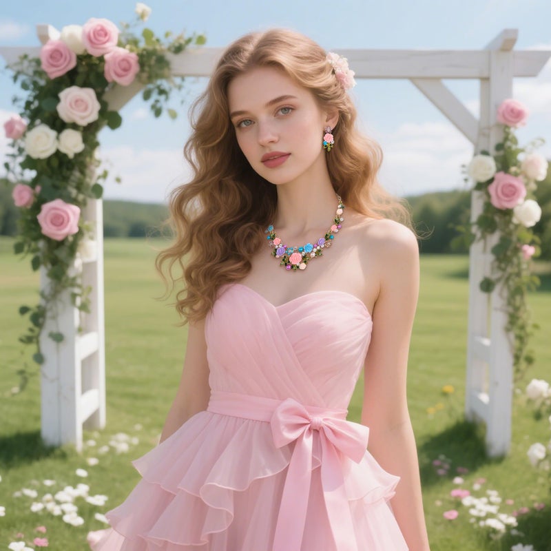 EVER FAITH Crystal Simulated Pearl Multicolor Rose Flower Leaf Bridal Necklace Pierced Earrings Set - Image 3